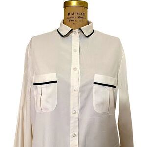 Vintage crepe white with black edging long sleeve button down blouse size 14